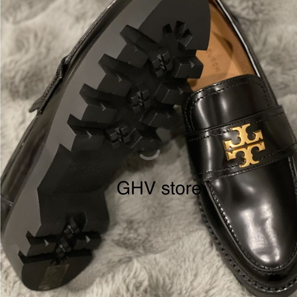 Tory Burch Black Platform Loafers with Gold Accent - Picture 2 of 7